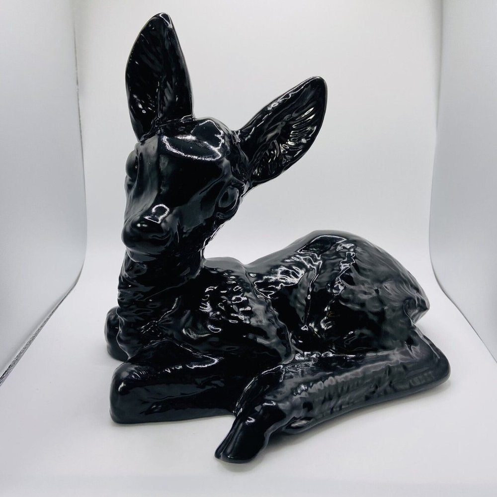 Vintage Fawn 8” Tall Ceramic Sculpture Statue Young Deer Black MCM Minimal